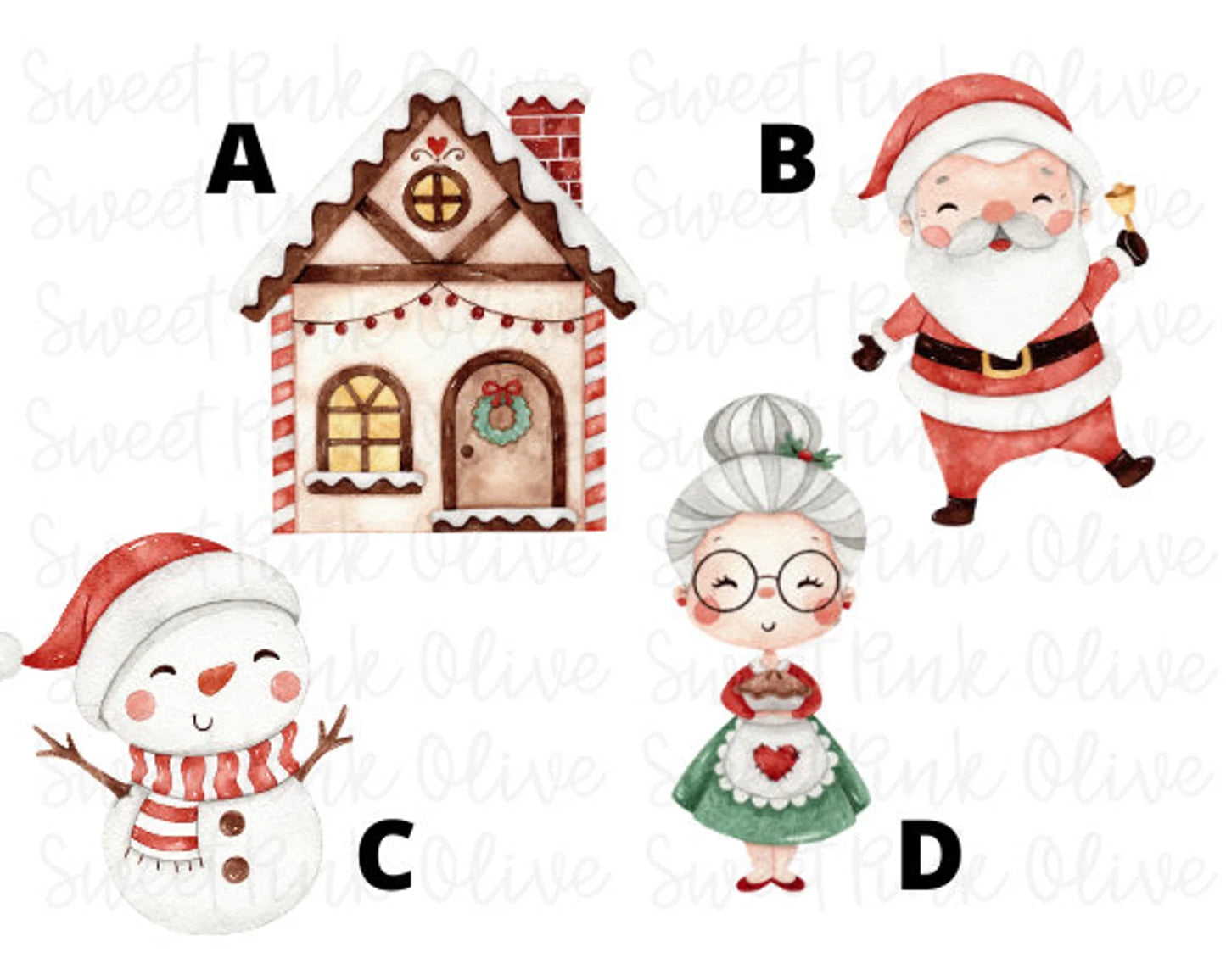 Christmas Santa, Gingerbread House, Mrs. Claus, Snowman