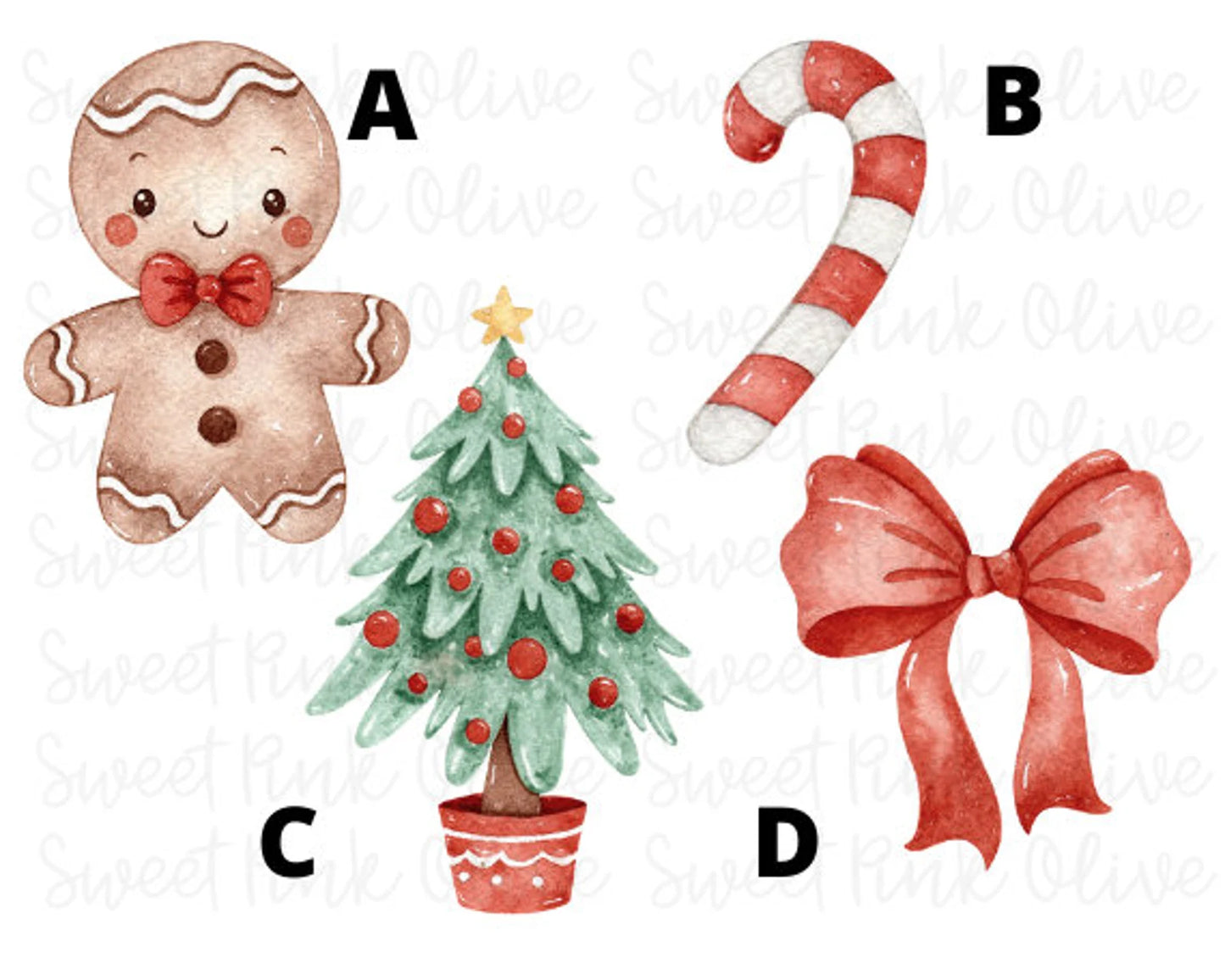 Gingerbread man, Candy Cane, Christmas Tree, Bow