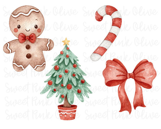 Gingerbread man, Candy Cane, Christmas Tree, Bow